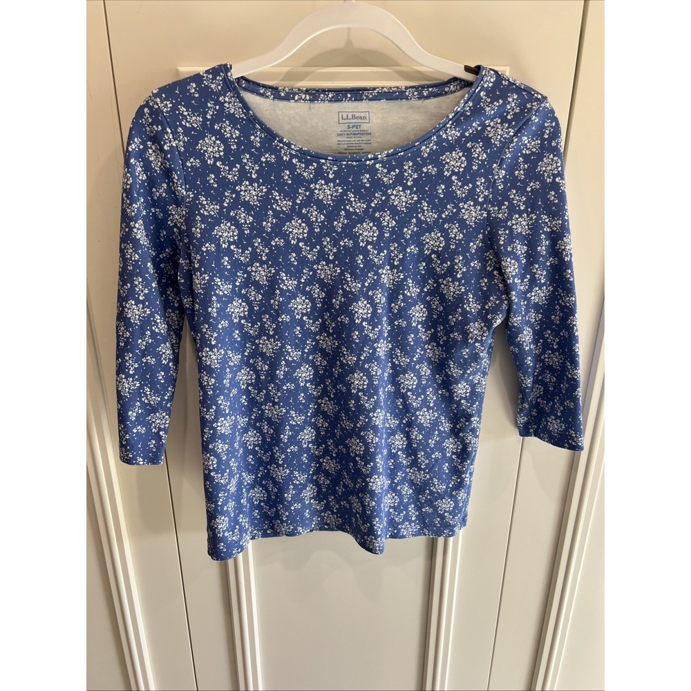 LL Bean Pima Cotton Shaped Tee Jewelneck Size PS Blue & White Floral 3/4 Sleeve